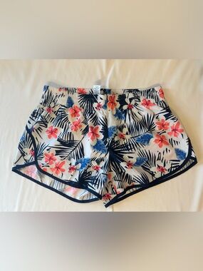 Athletic Works White Floral Athletic Shorts with Navy Trim